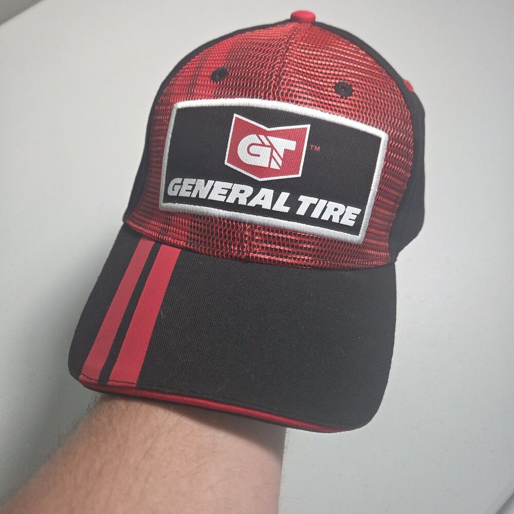 ​General Tire Hat Mens OSFA Black Red Mesh Trucker Racing Cap Martin Strapback